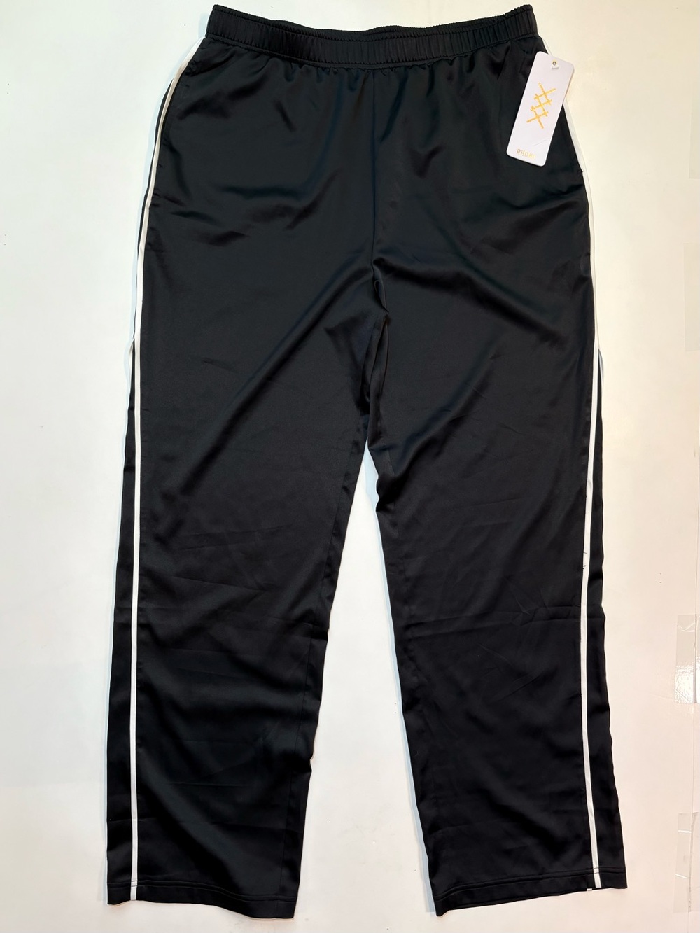 RHONE Black Silky Track Pants with White Side Piping